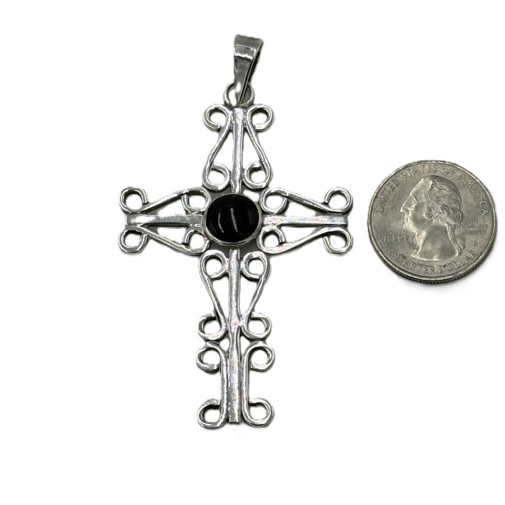 Vintage Sterling Silver Cross Pendant with Black Onyx Center  | Mexico